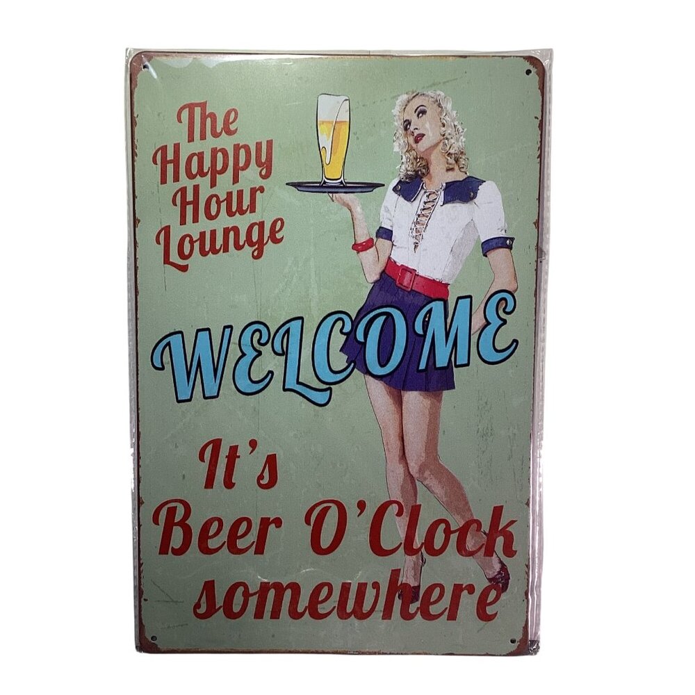 Happy Hour Beer O'Clock Golden Era Pin Up Art Tin 12"x 8" Sign Art New Sealed